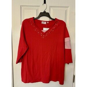 NEW Quacker Factory red gemstone rhinestone womens striped top shirt 2X 2XL XXL